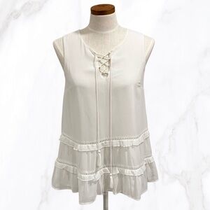 ModCloth Women’s White Sleeveless Ruffle Tiered Lace Up Blouse, Size S‎